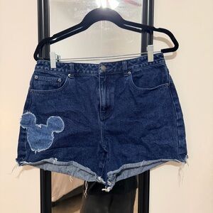 Forever 21 Disney Mickey Mouse Distressed Denim Shorts - Dark Blue